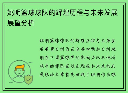 姚明篮球球队的辉煌历程与未来发展展望分析